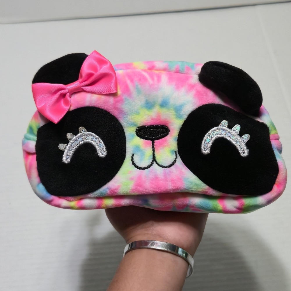 Cute Plush Tie Dye Panda Pencil Case Cosmetic Makeup Pouch Bag Glitter Pink Bow‎